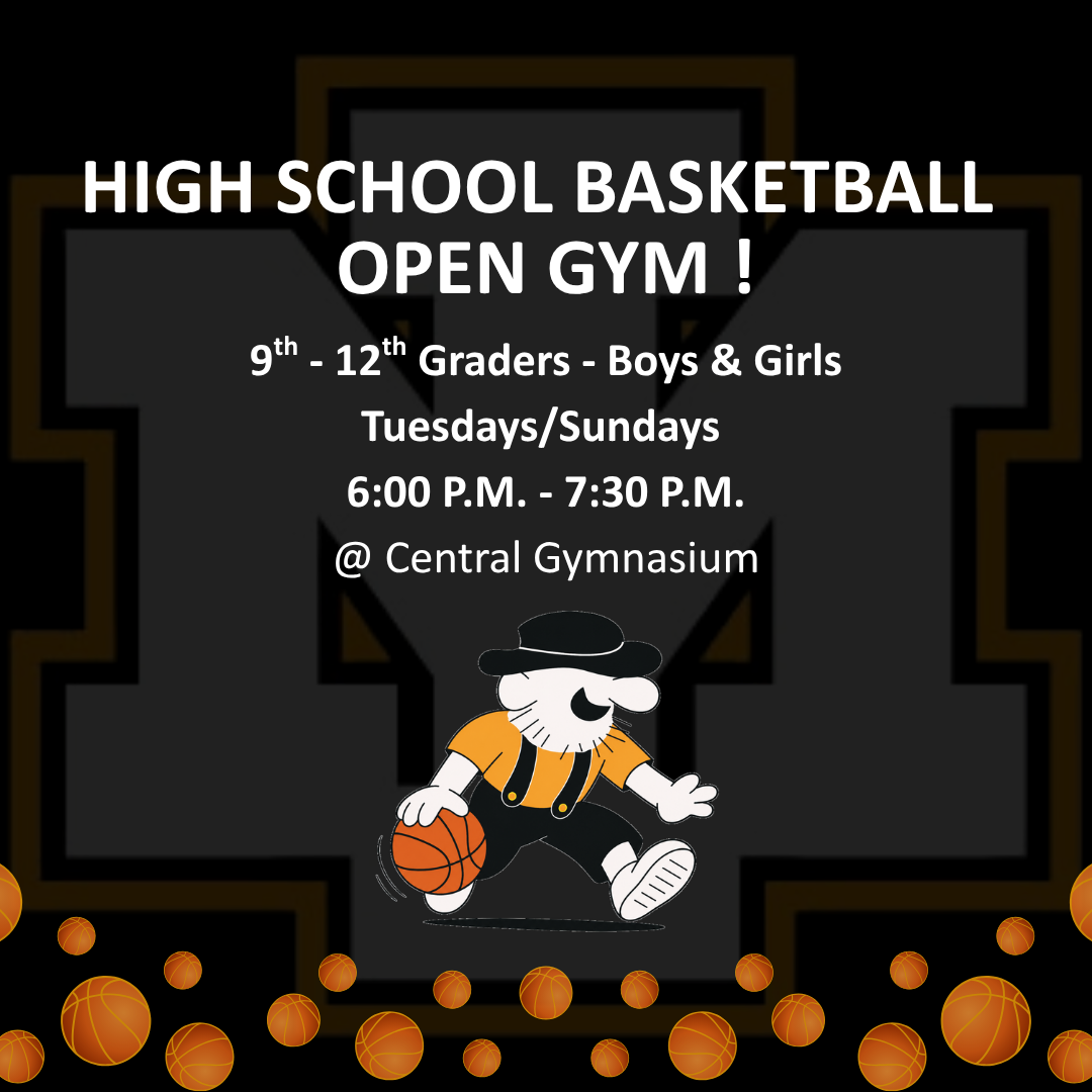 Promotional graphic for Iron Mountain High School Basketball Open Gym. Text announces it is for 9th-12th grade boys and girls, held on Tuesdays and Sundays from 6:00 P.M. to 7:30 P.M. at Central Gymnasium. The Iron Mountain "M" logo and Mountaineer mascot are centered, with basketballs floating along the bottom.